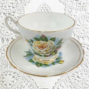 Regency Bone China Cup and Saucer Silver Queen England Yellow Rose Gold Trim